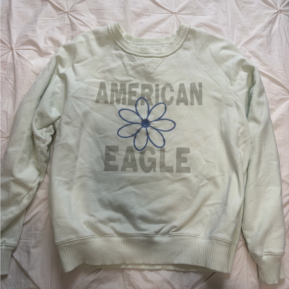 American Eagle Outfitters Mint Crewneck Sweatshirt with Blue Flower Logo